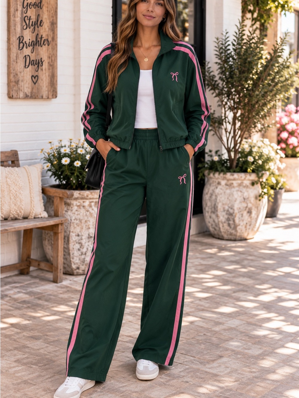 Forest Green Wide-Leg Track Pants with Pink Stripe